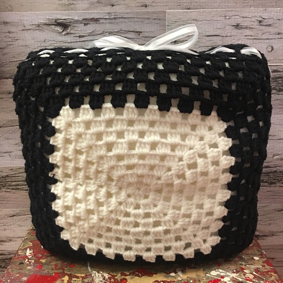 Handmade Black and White Granny Crochet -Style Throw Pillow - Picture 1 of 7